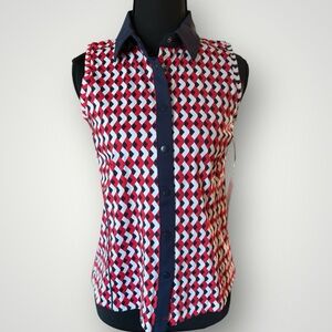 Kinona Golf Women’s Sleeveless Red White Blue Snap Front UPF Collared Top XS NWT
